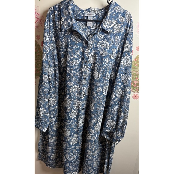 Catherines Tops - Catherines Blue Floral Button Front Shirt Dress Plus Size 2X 22/24W